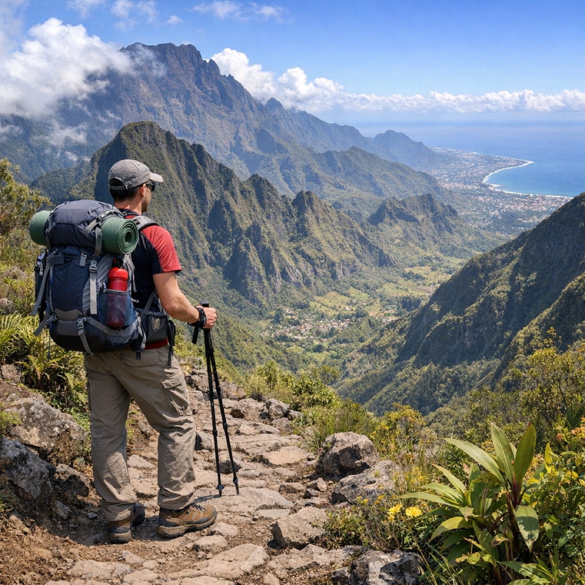 Randonneur équipé sur un sentier à La Réunion